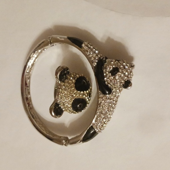 Panda Hinged Bracelet & RING Pave Black & WHITE Stainless Crystals Happy - Picture 2 of 7
